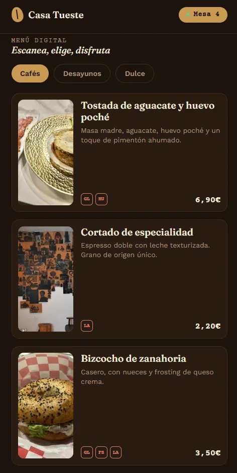 Carta digital de una cafetería escaneable por QR desde el móvil